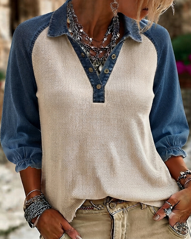 Blouse Col En V Texture Gaufrée Contraste Denim