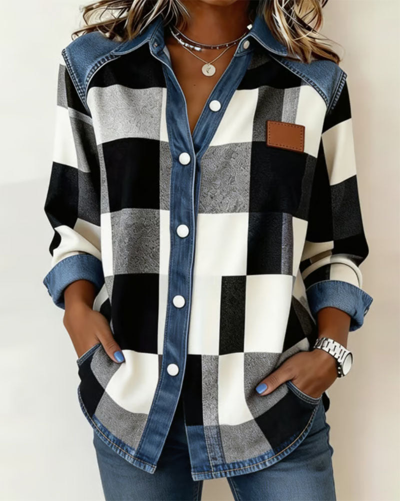 Chemise À Carreaux Bloc De Couleur Denim Patchwork