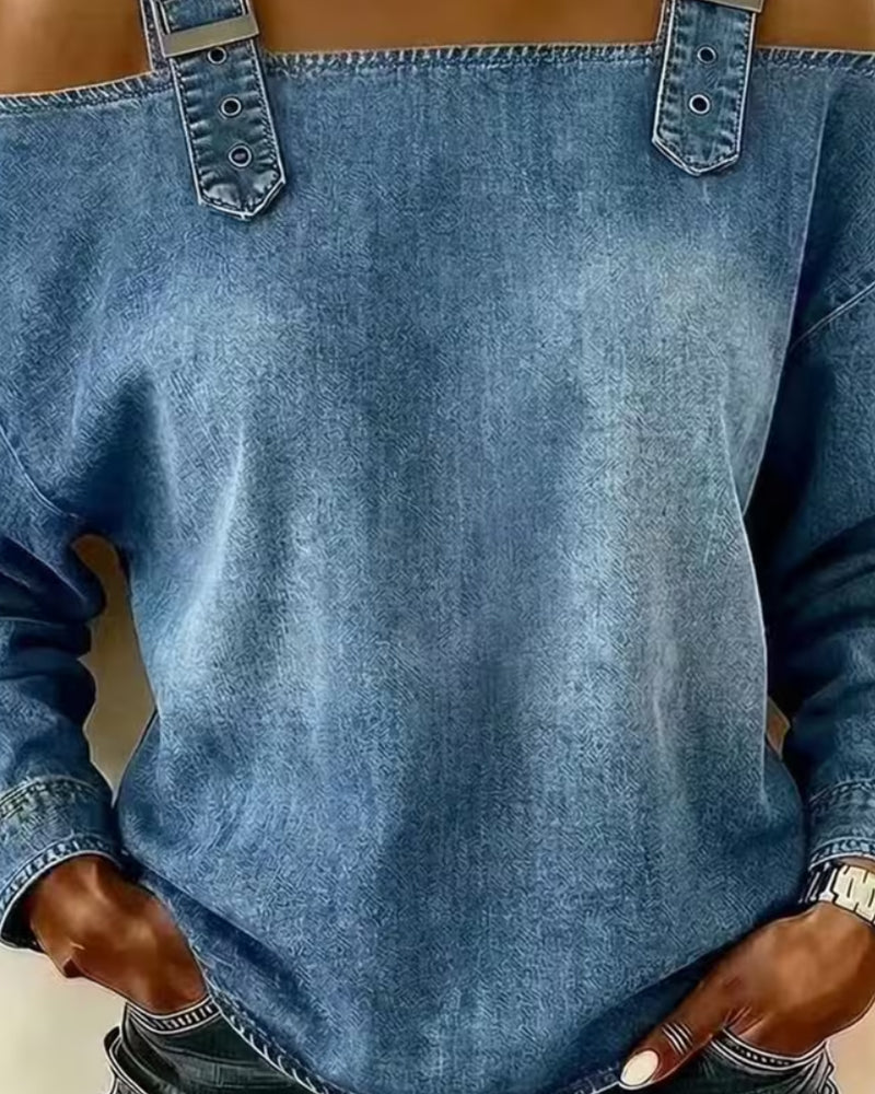 Blouse Bretelle Spaghetti Off-Shoulder Denim Bouton Métallique