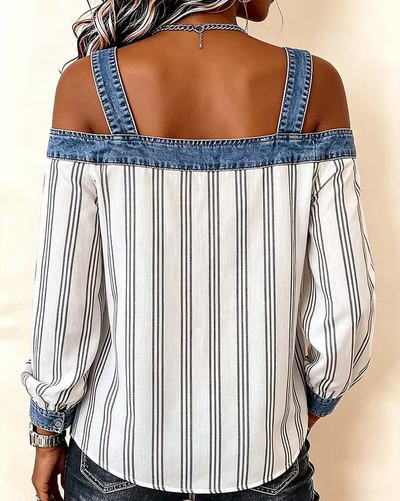 Blouse Denim Hors Épaule Rayure Panneau