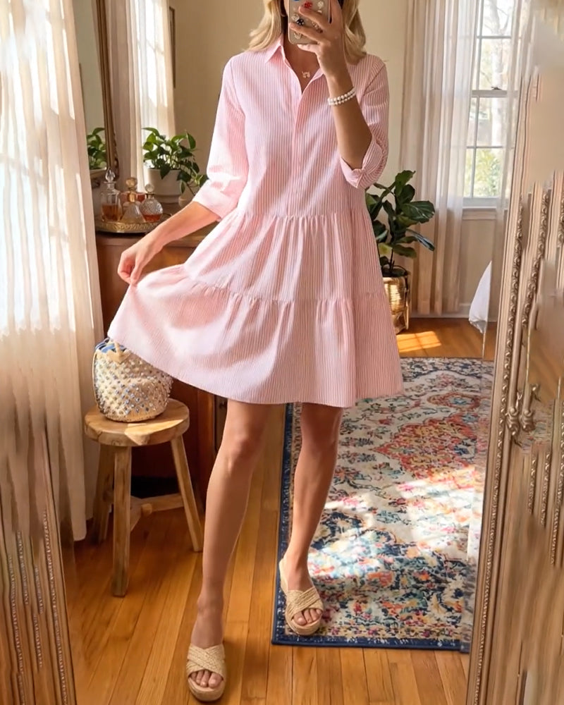 Robe Col De Chemise Rayée Patchwork