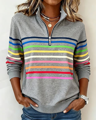 Sweat À Col Zippé À Moitié Avec Rayures Arc-En-Ciel Tendance