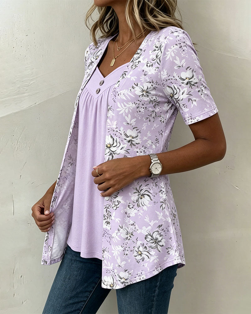 T-Shirt Imprimé Floral Fausse Deux Pièces