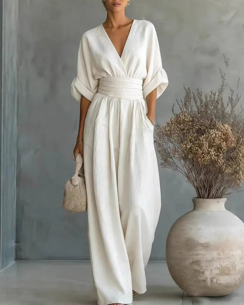 Jumpsuit Col V Croisé Cintré Jambe Large