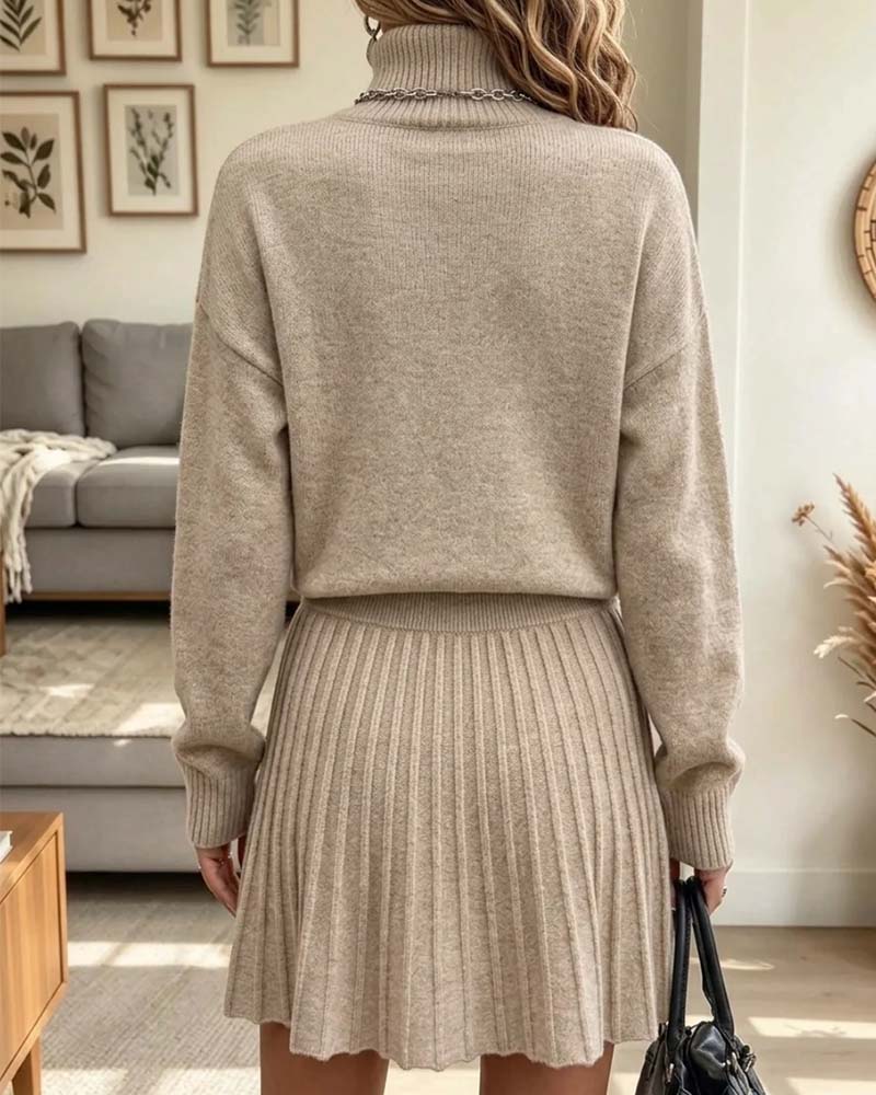 Ensemble Col Haut Pull Manches Longues Jupe Plissée