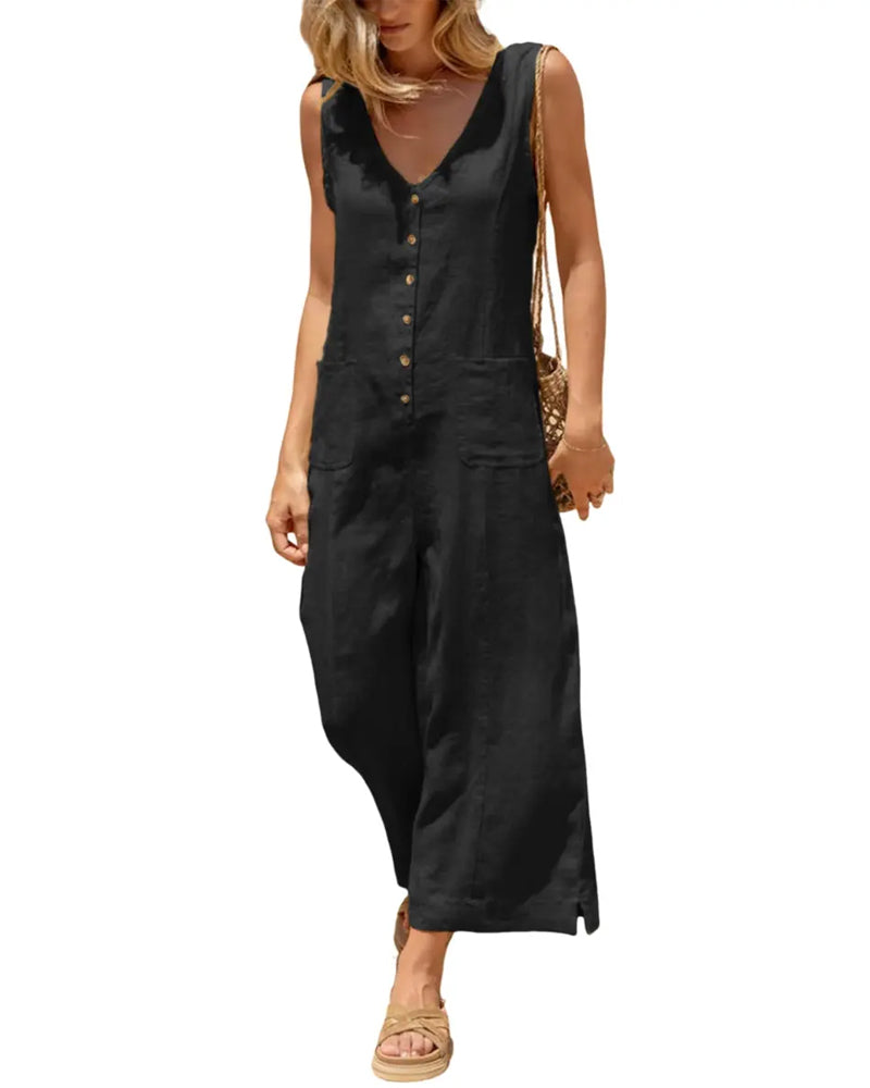 Combinaison Col En V Simple Boutonnage Sans Manches