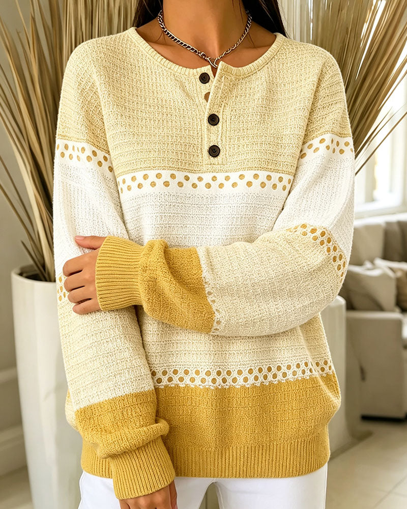 Sweatshirt Bloc De Couleur Tricot Gaufré Henley Pullover