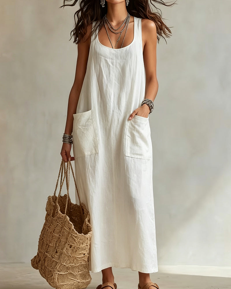 Robe Col En U Sans Manches Unie Poche