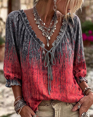 Blouse Dégradé Tie-Dye Cordon Manche Trois Quarts