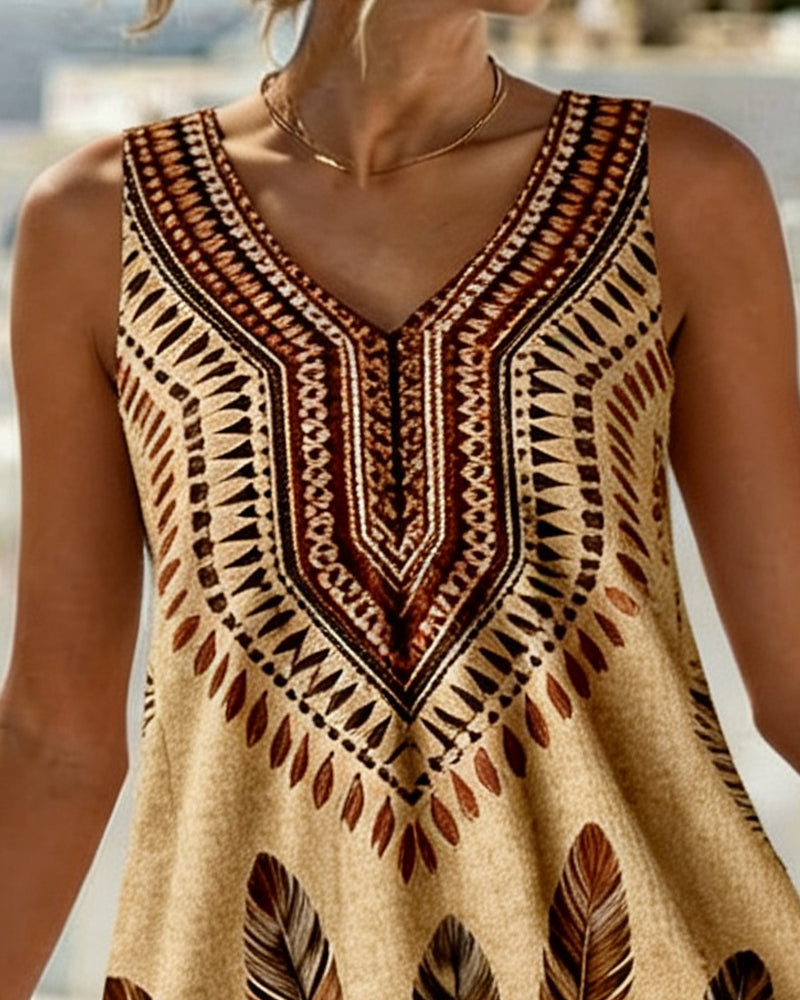 Robe Col-V Sans-Manches Imprimé Ethnique