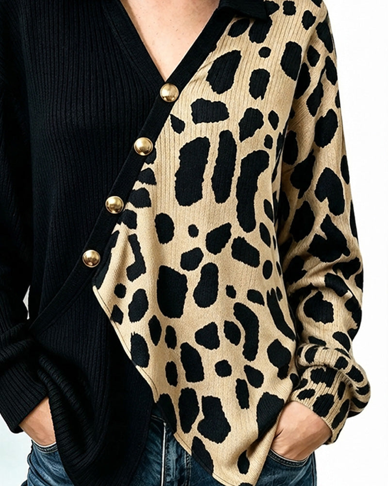 Pullover Léopard Patchwork Patte De Boutonnage Asymétrique Bloc De Couleur