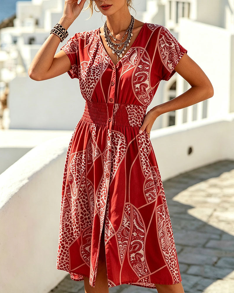 Robe Léopard Imprimé Col V Bouton Taille