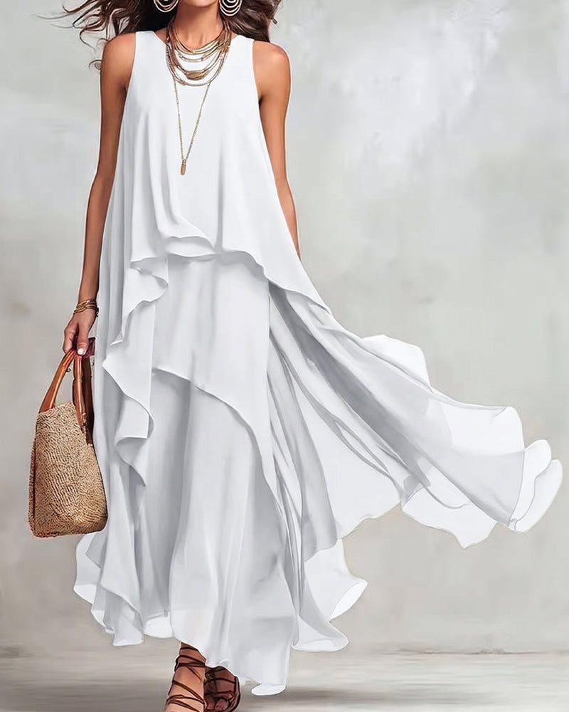 Robe Col Rond Sans Manches Irrégulière
