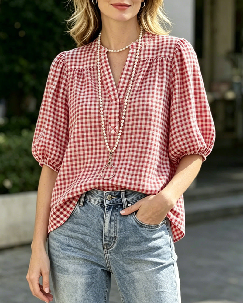 Blouse Imprimé Plaid Manche Bouffante Manches Courtes