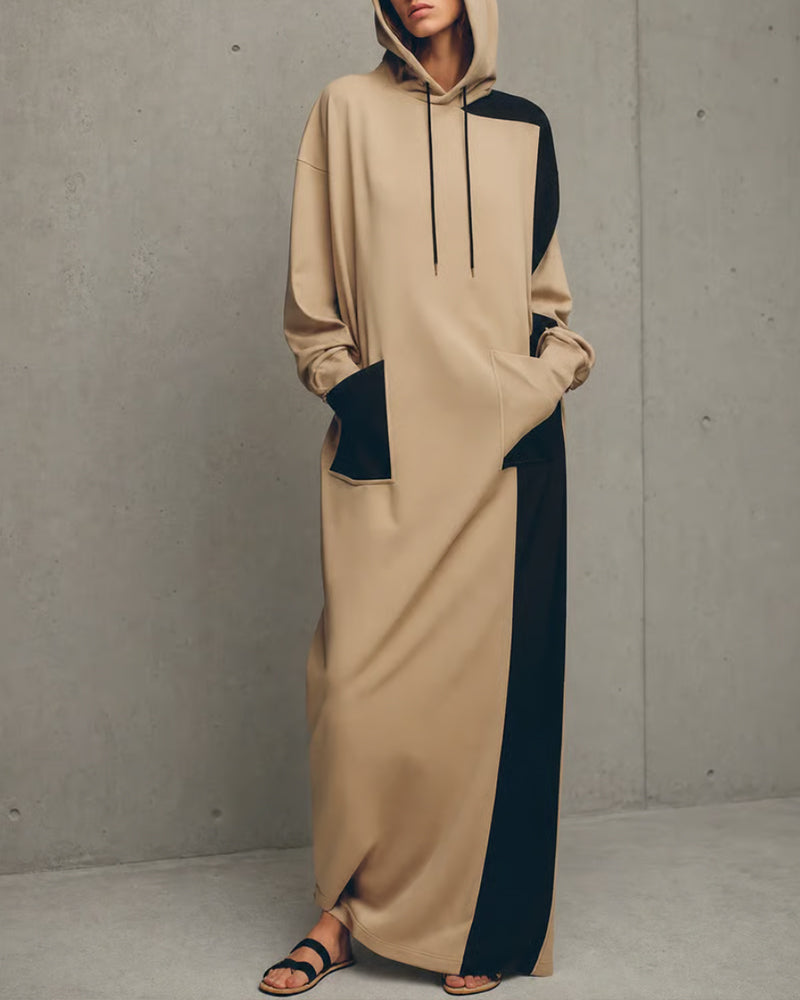 Robe Contraste Capuche Poche Cordon