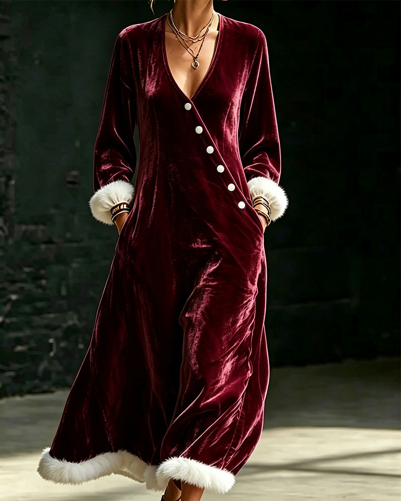 Robe Velours Col V Bords Bruts Poche