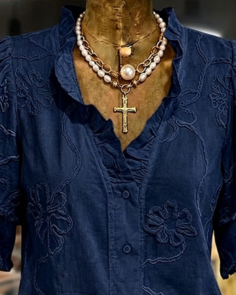 Blouse Ourlet Frangé Manches Bouffantes