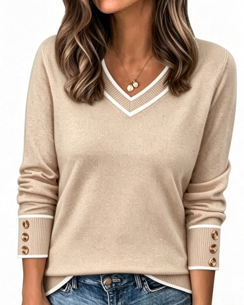 Pullover À Col En V Et Boutons De Contraste