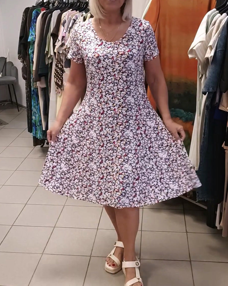Robe Col Rond Imprimé Fleuri Manches Courtes