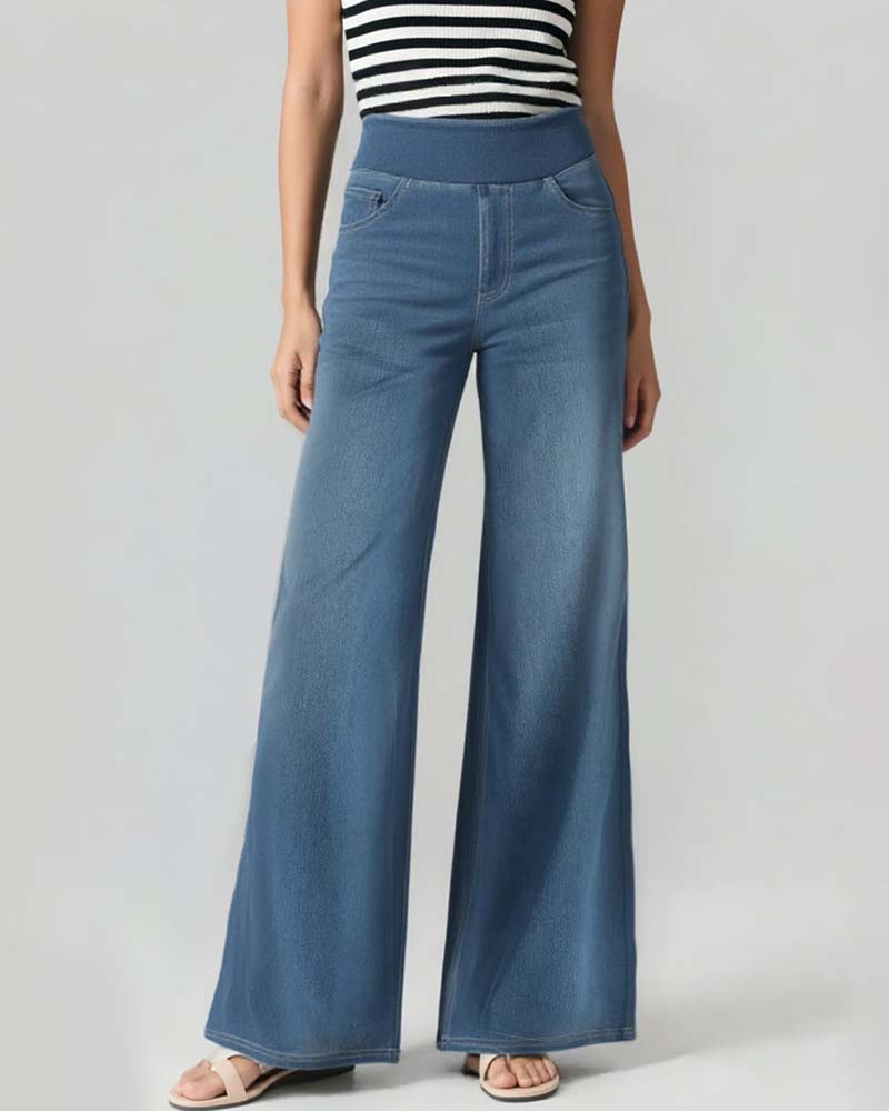 Pantalon Taille Élastique Denim Large Jambe