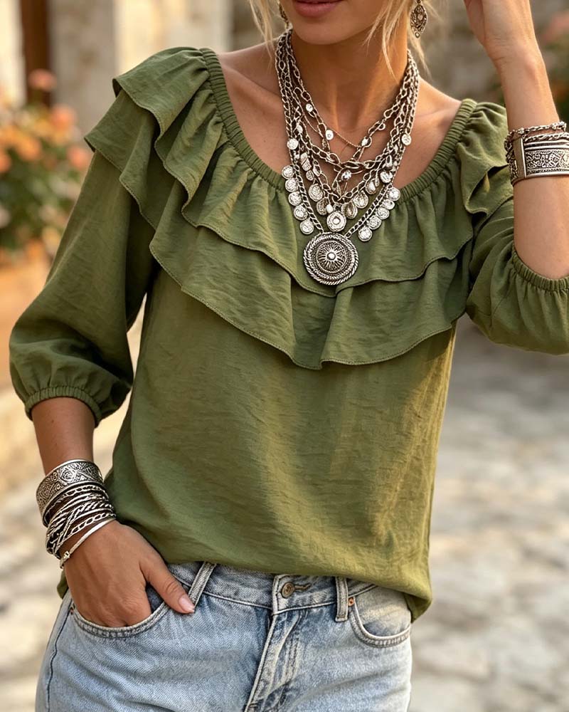 Blouse Double Couche Volant Manche Trois Quarts