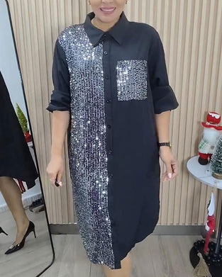 Robe Paillettes Revers Chemise
