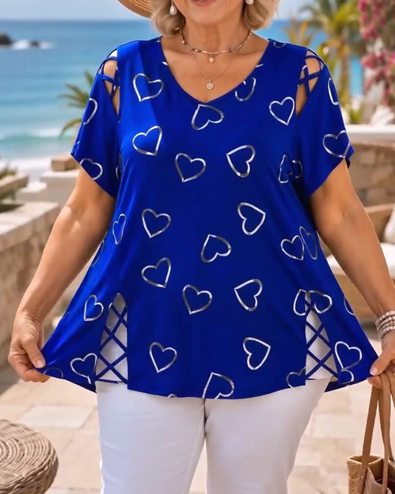 T-Shirt Motif Cœur Ajouré Manches Courtes