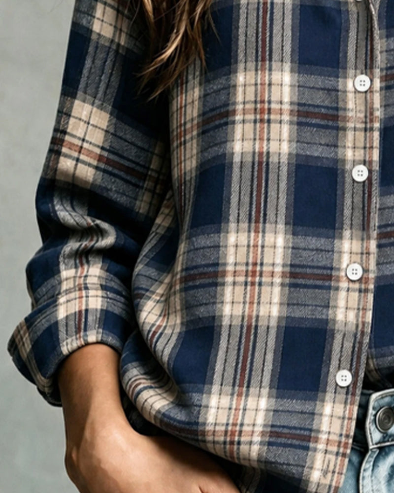 Blouse Col À Carreaux Manches Longues