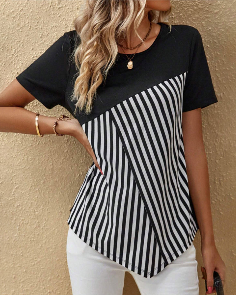 Blouse rayée bloc de couleur à col rond