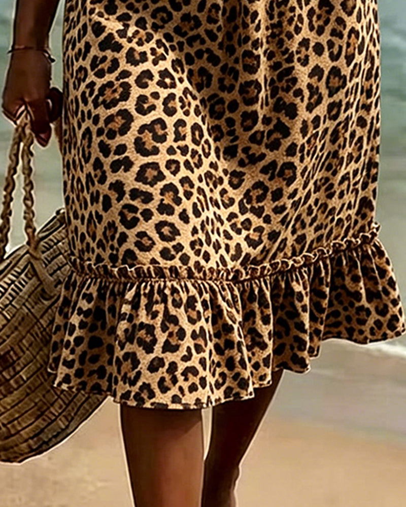 Robe Imprimé Léopard Col V Volantée