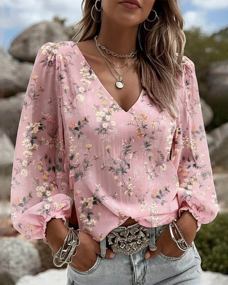 Blouse Fleurie Col V Manches Bouffantes