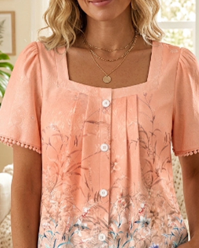 Blouse Col Carré Froncé Imprimé Frange