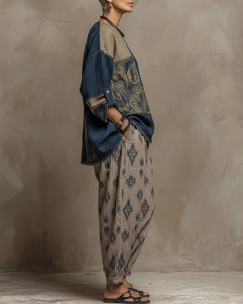 Ensemble Col Rond Vintage Patchwork Haut + Motif Pantalon Effilé