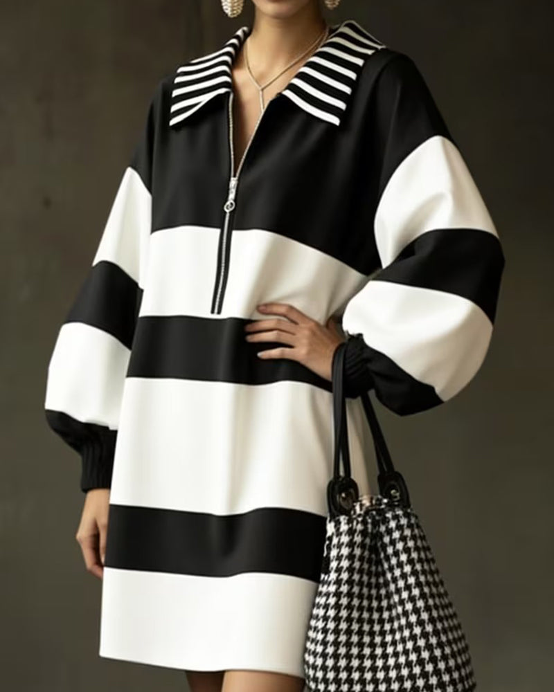 Robe Manche Lanterne Rayée Revers Fermeture Éclair