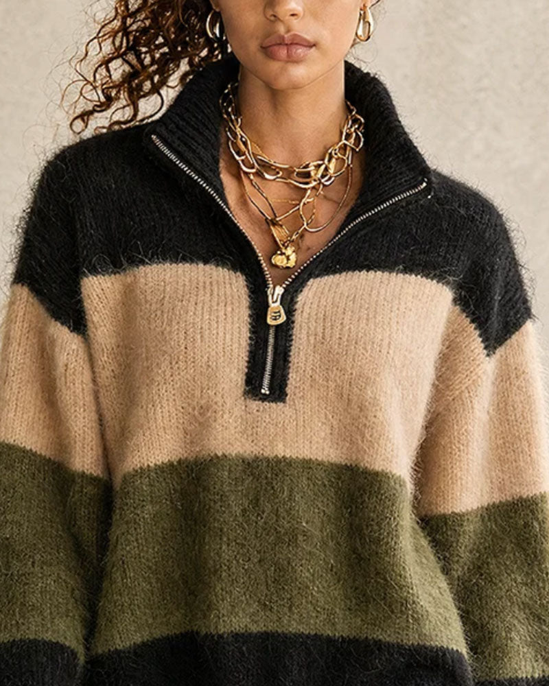 Robe Bloc De Couleur Demi Zip Col Roulé Long Pull