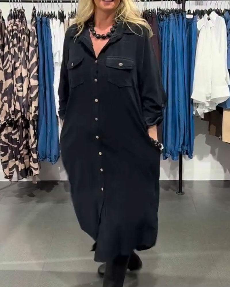 Robe Revers Poche Boutonné Longue Chemise