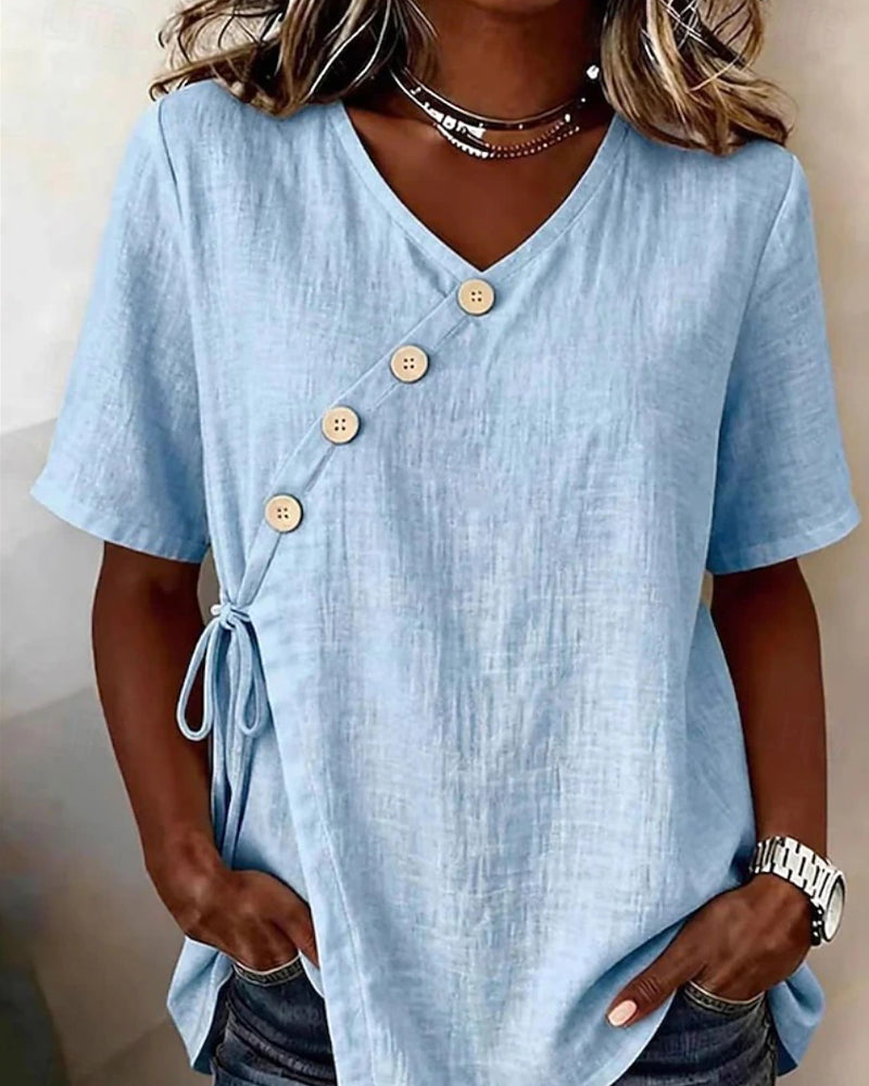 Blouse Col V Bouton Croisé Cravate