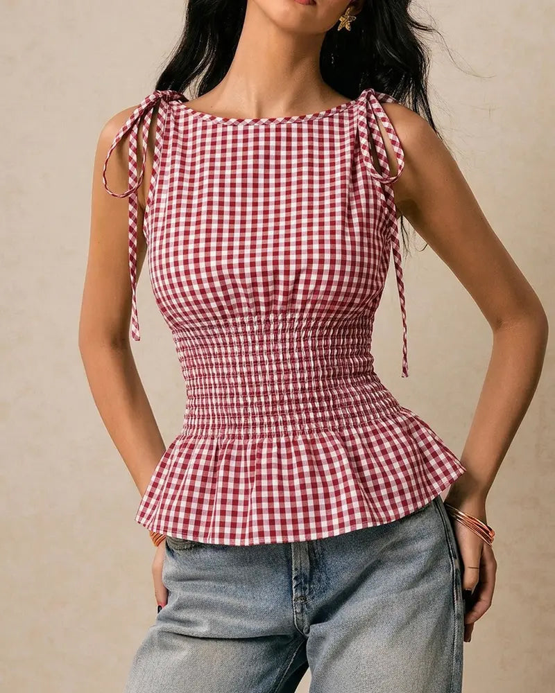Blouse Sans Manches Écossais Attacher Taille