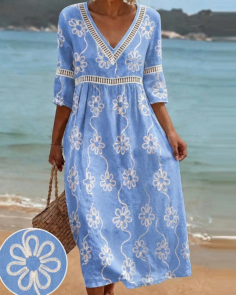 Robes Col V Découpe Patchwork Floral Ample