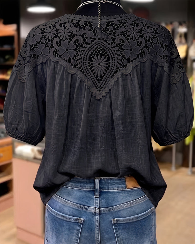 Chemisier Manche Bouffante Courte Dentelle Patchwork Col V