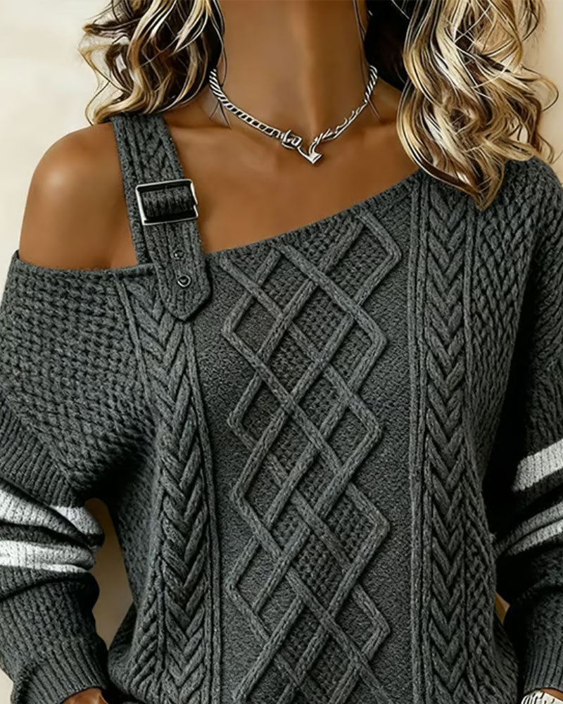 Pull Une Épaule Boucle Métal Rayé Torsade