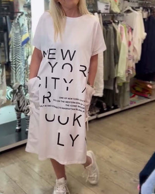 Robe Loose Manches Courtes Imprimée Grande Poche