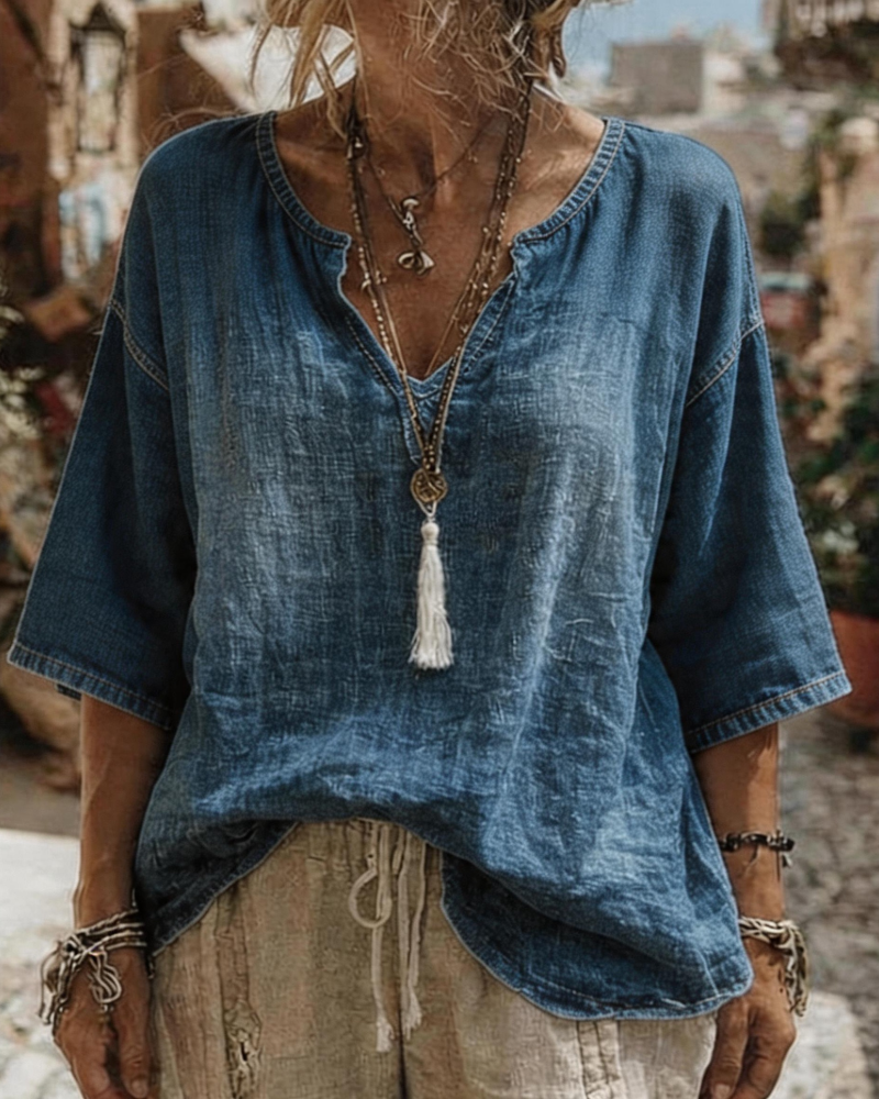 Haut Col V Denim Demi Manche