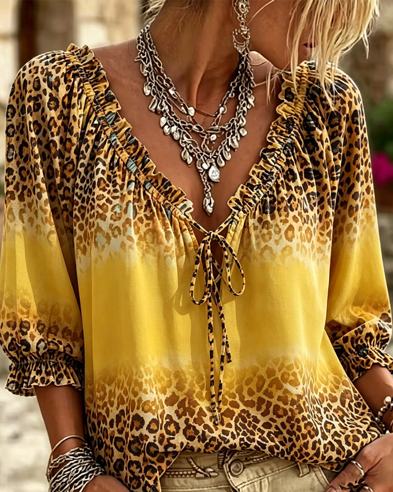 Blouse Col-V Imprimé Léopard Lacets