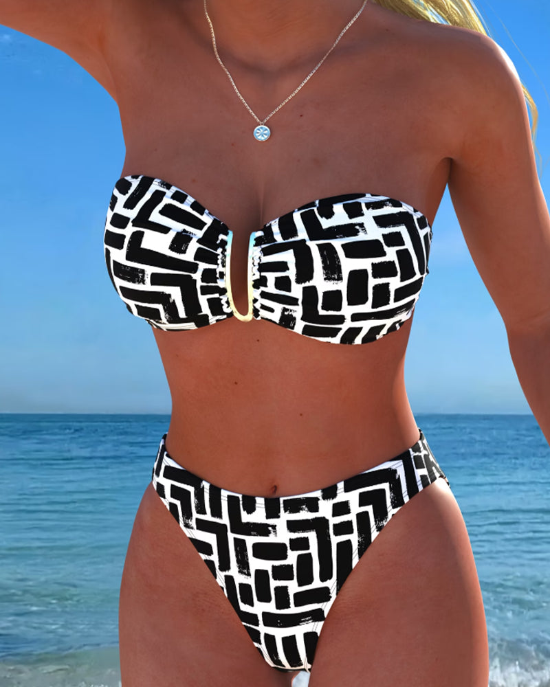 Bikini Sans Bretelles Imprimé Géométrique Bandeau
