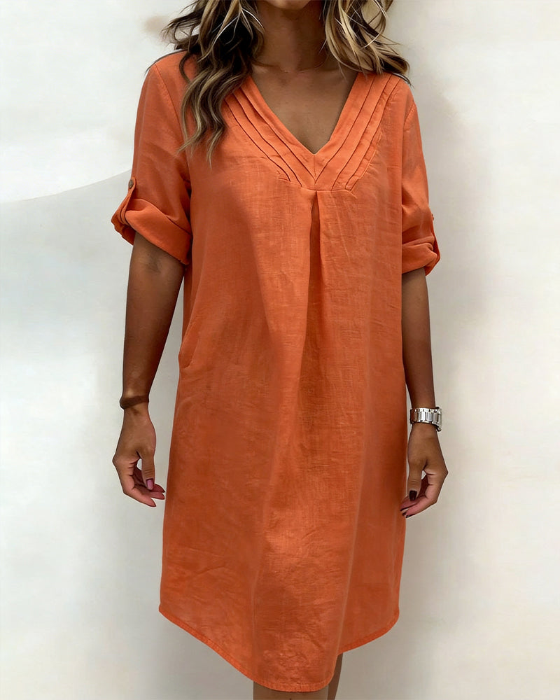 Robe 100% Coton Col V Plissée