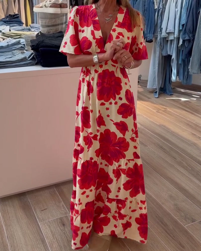 Robe Profond V Resort Taille Imprimé