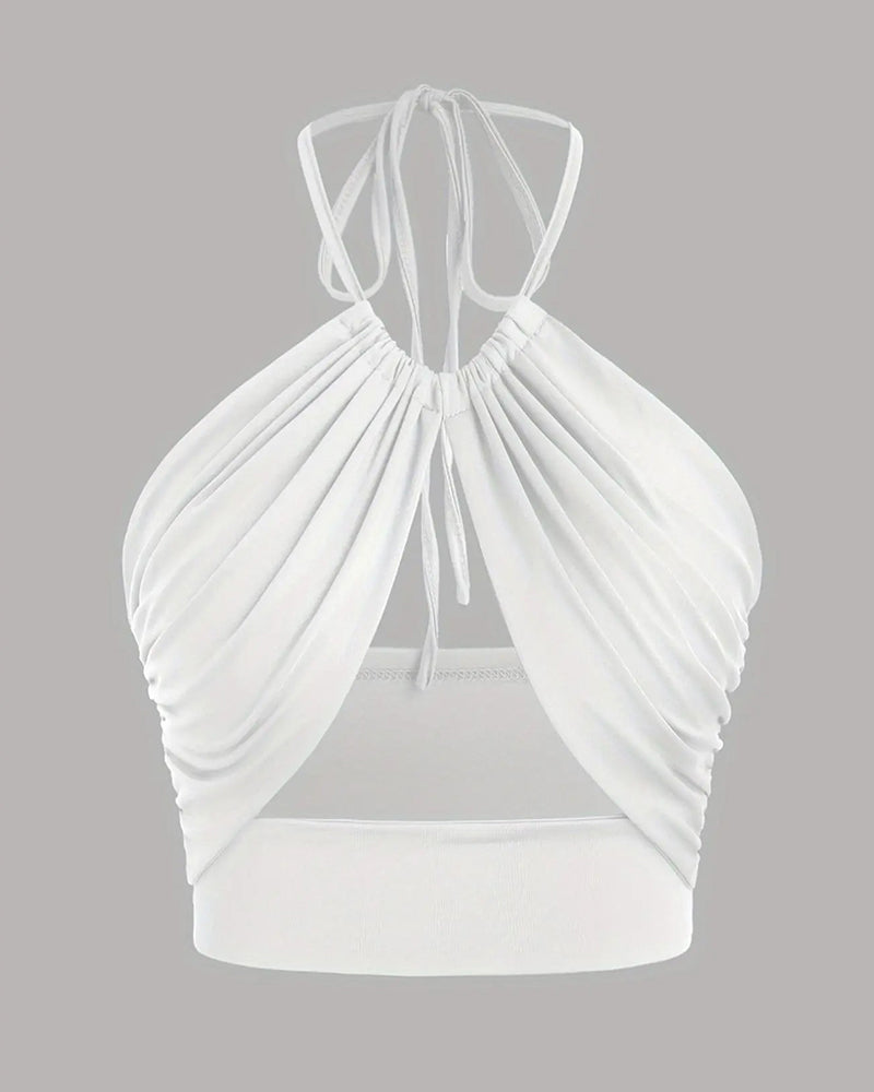 Cami Top Femme Froncé Nœud Dos Col Halter Court