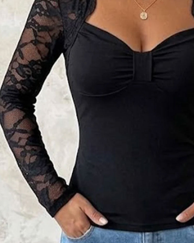 Haut Twist Nœud Dentelle Patchwork Ajusté