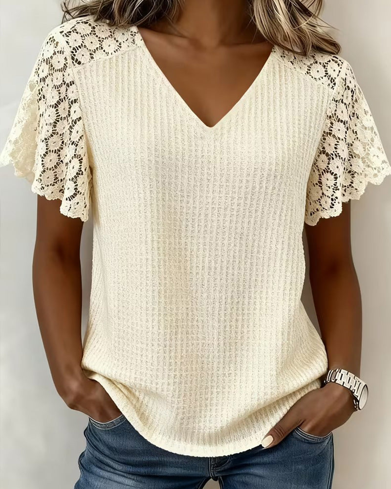 T-Shirt Col En V Gaufré Dentelle Patchwork Unie